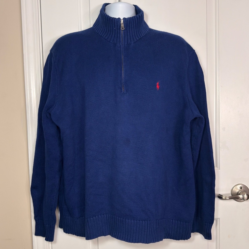 Polo Ralph Lauren Quarter Zip Sweater Blue Cotton Red Pony Pullover XL